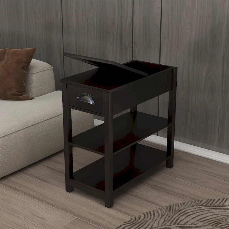Table d'appoint étroite marron avec plateau relevable et étagère de rangement, pour 1 personne