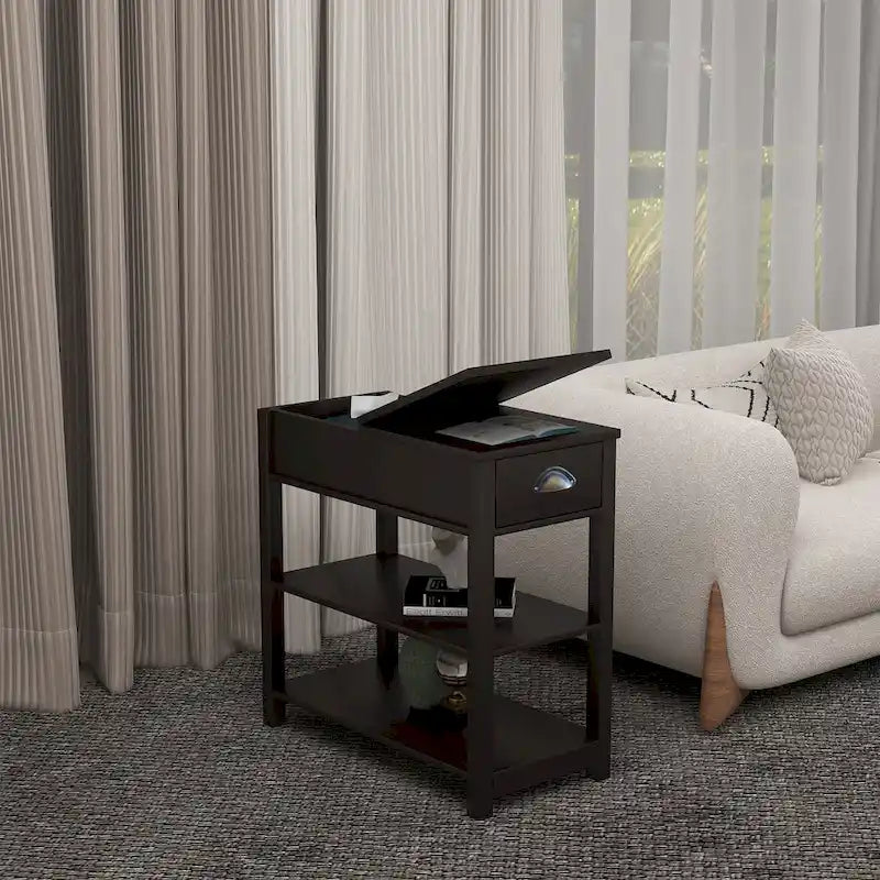 Table d'appoint étroite marron avec plateau relevable et étagère de rangement, pour 1 personne
