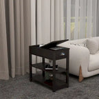 Table d'appoint étroite marron avec plateau relevable et étagère de rangement, pour 1 personne