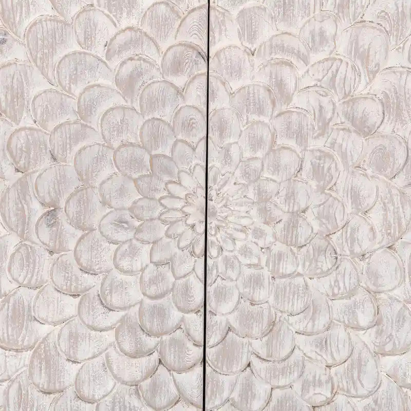 Bahut 4 portes crème, sculpté à la main, pin recyclé