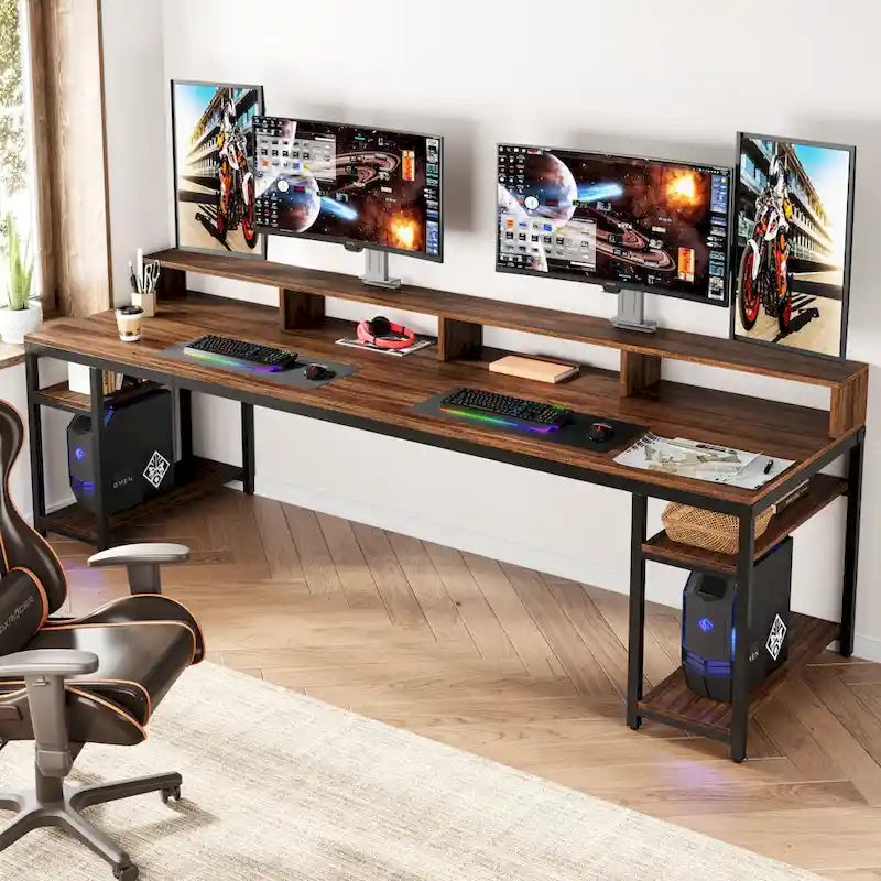 Bureau informatique double marron pour 2 personnes, 199,9 cm
