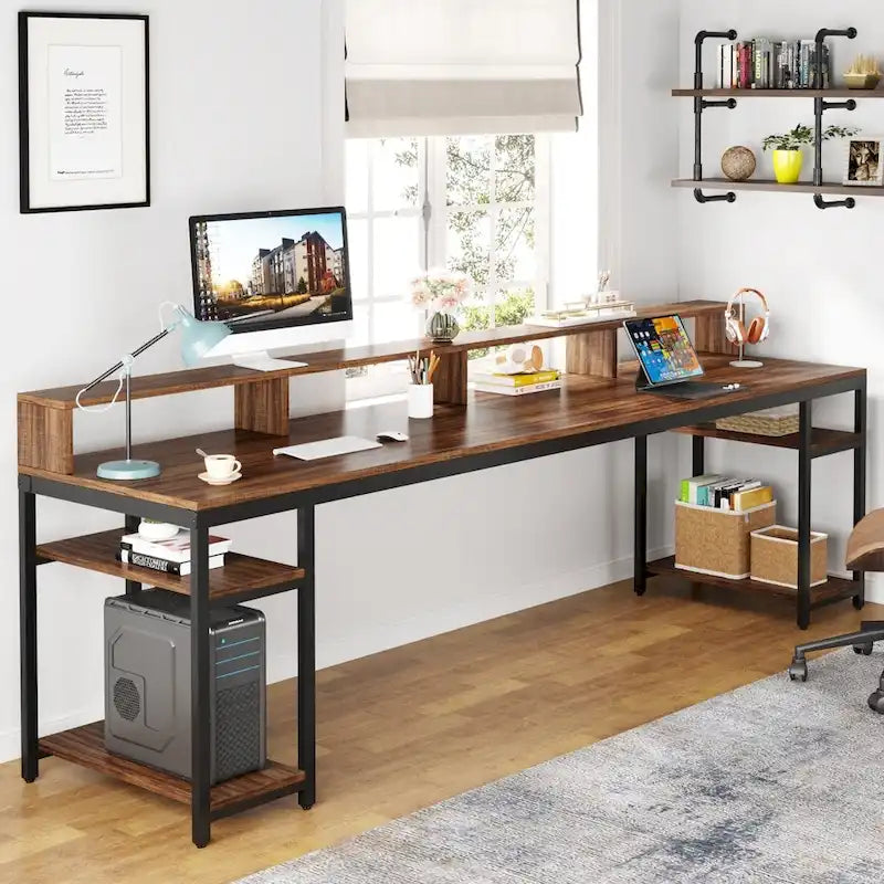 Bureau informatique double marron pour 2 personnes, 199,9 cm
