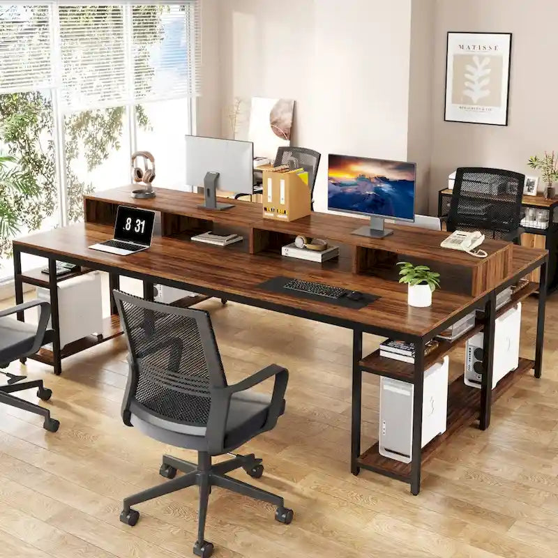 Bureau informatique double marron pour 2 personnes, 199,9 cm