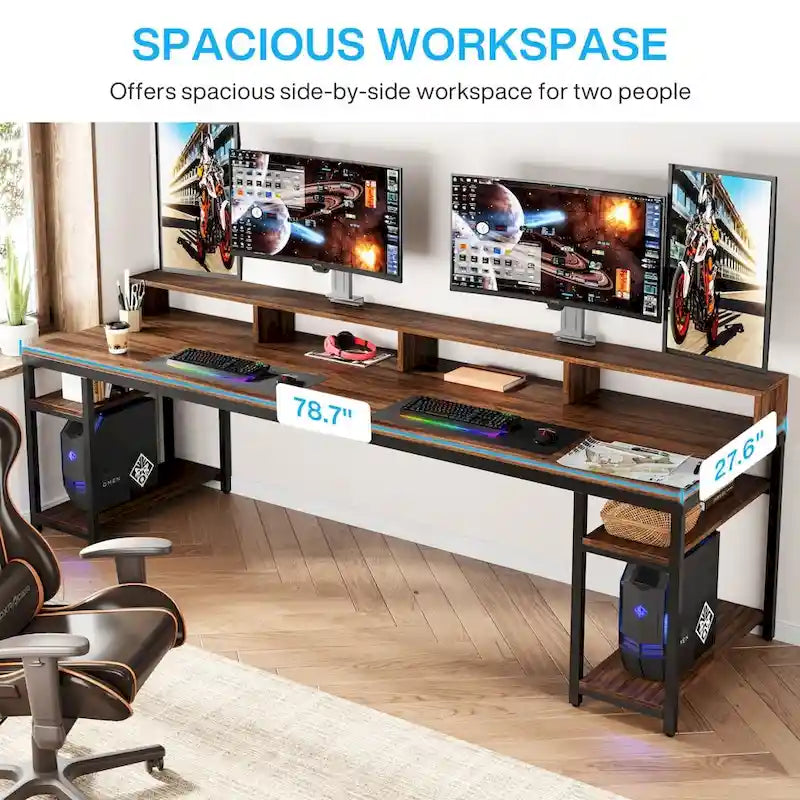 Bureau informatique double marron pour 2 personnes, 199,9 cm