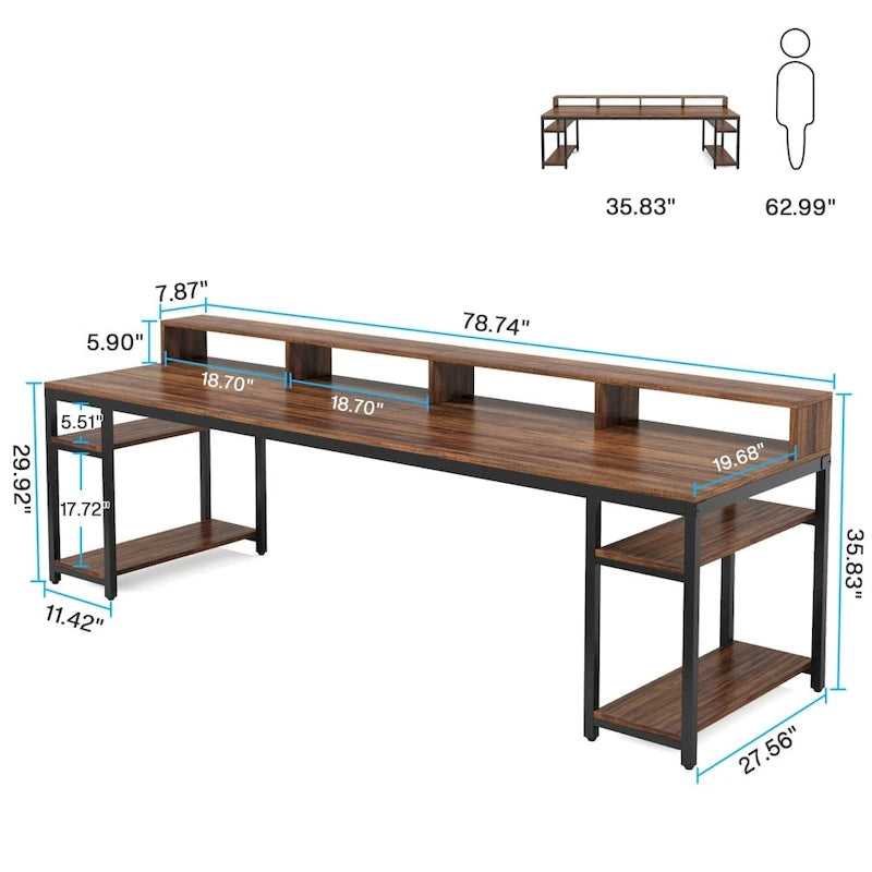 Bureau informatique double marron pour 2 personnes, 199,9 cm