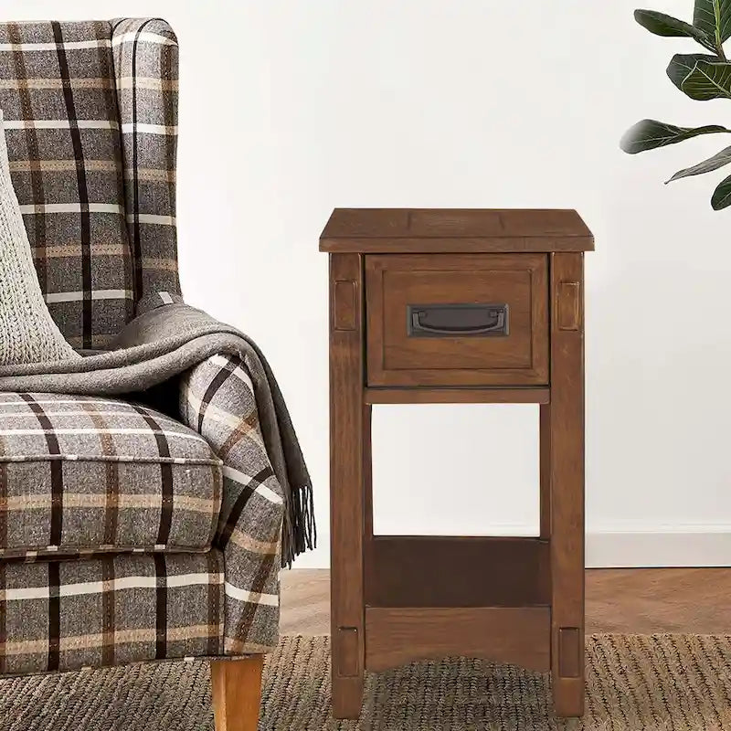 Table d'appoint avec 1 tiroir et étagère ouverte en bois brun, 1 personne