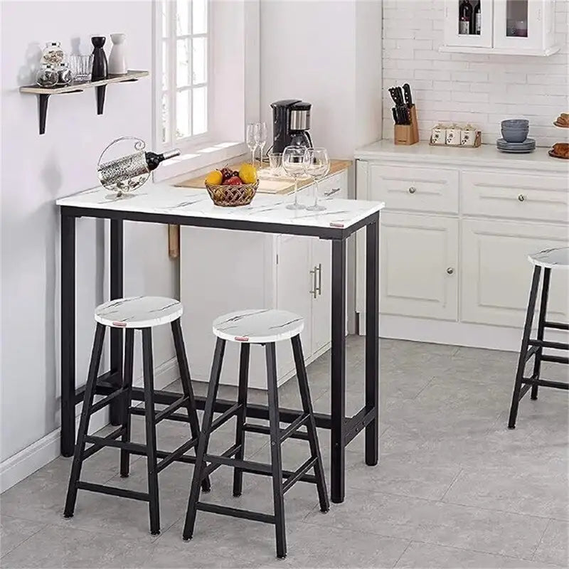 Table de Pub Style Industriel Hauteur Bar en Marbre Noir / Vintage / Blanc pour 2 Personnes