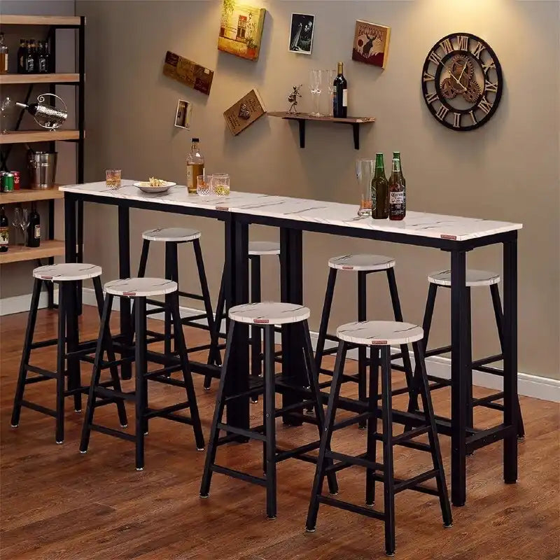 Table de Pub Style Industriel Hauteur Bar en Marbre Noir / Vintage / Blanc pour 2 Personnes
