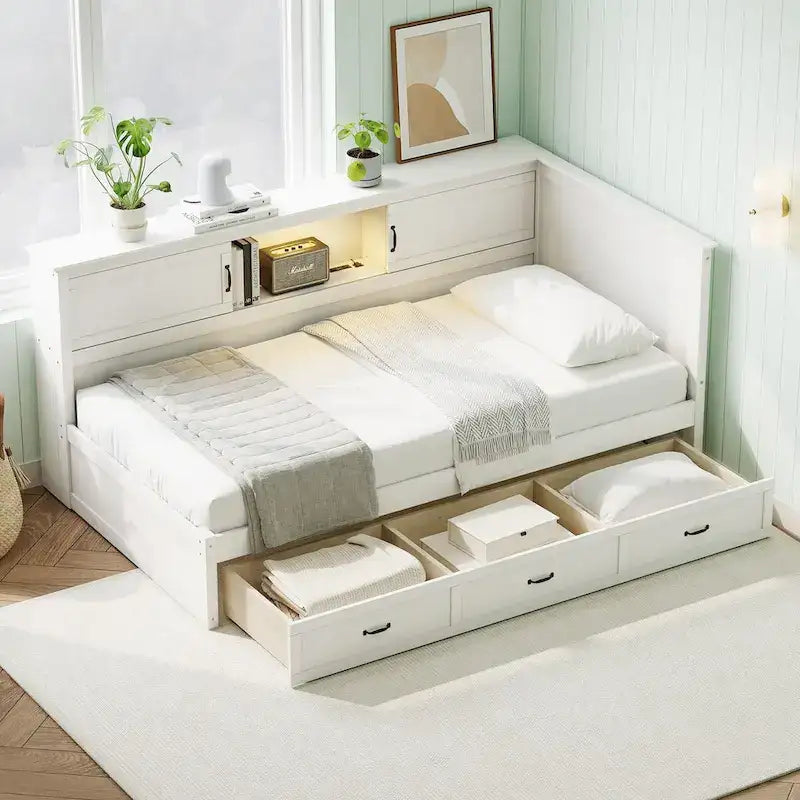 Structure de lit de repos d'angle en pin blanc avec rangement, LED et USB – Lit simple/double, 1 place