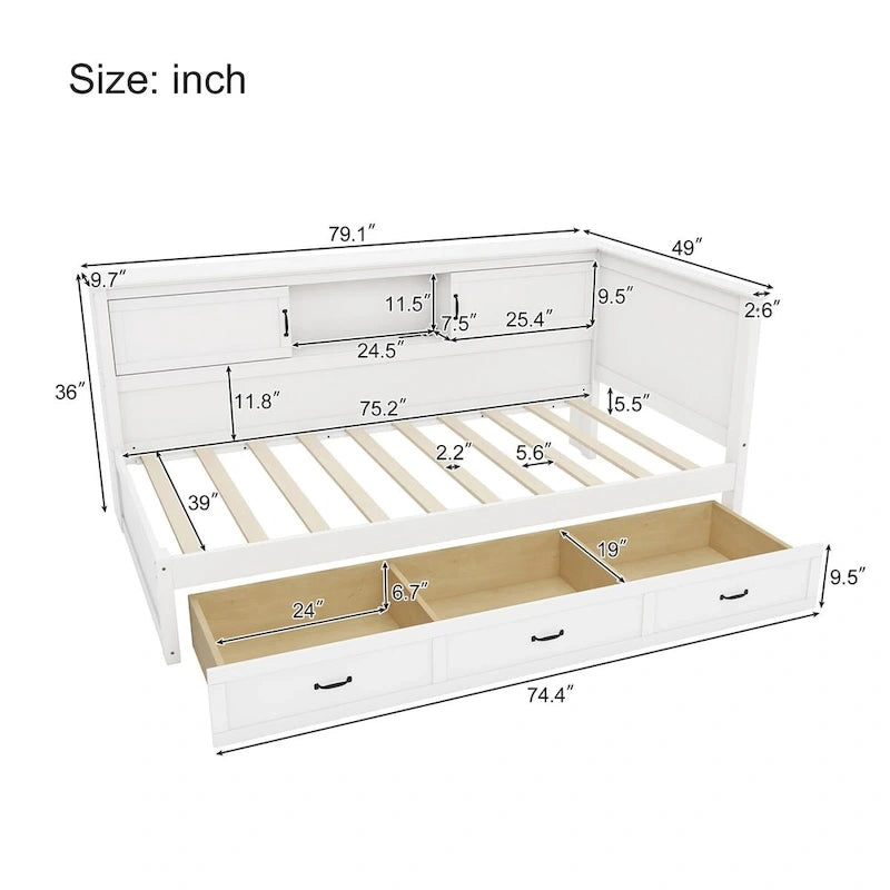 Structure de lit de repos d'angle en pin blanc avec rangement, LED et USB – Lit simple/double, 1 place