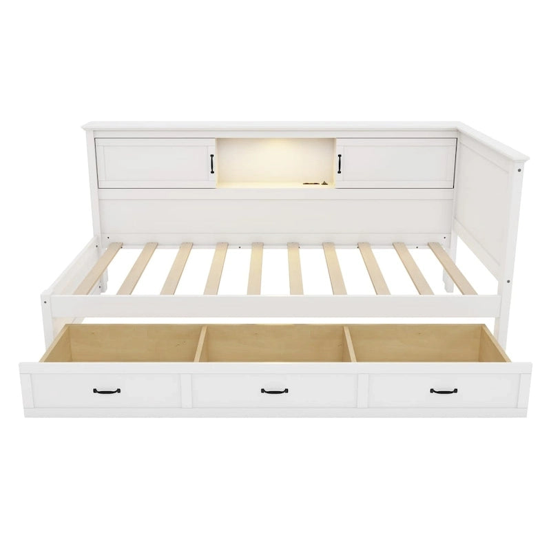 Structure de lit de repos d'angle en pin blanc avec rangement, LED et USB – Lit simple/double, 1 place