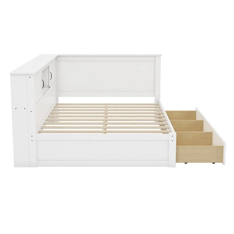 Structure de lit de repos d'angle en pin blanc avec rangement, LED et USB – Lit simple/double, 1 place