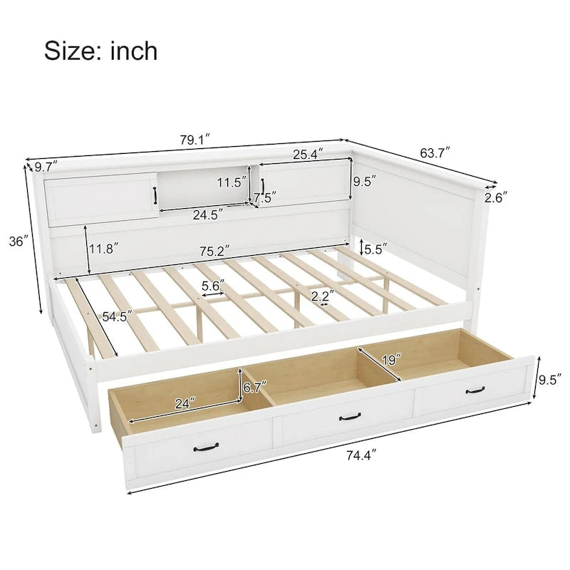 Structure de lit de repos d'angle en pin blanc avec rangement, LED et USB – Lit simple/double, 1 place
