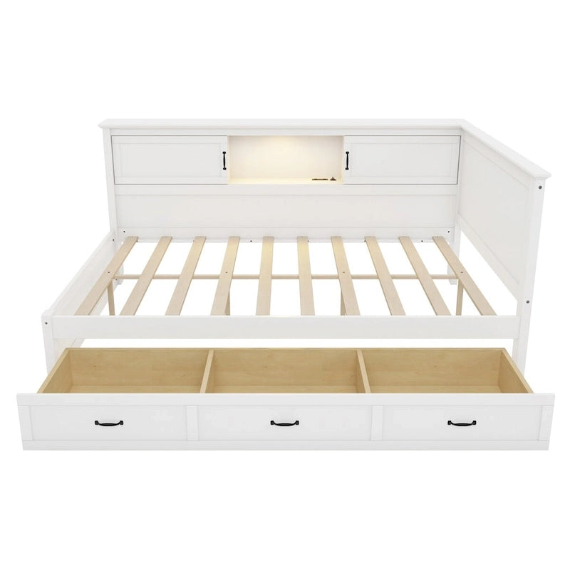Structure de lit de repos d'angle en pin blanc avec rangement, LED et USB – Lit simple/double, 1 place